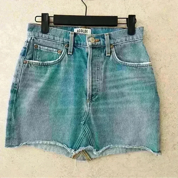 AGOLDE WOMENS QUINN HIGH RISE DISTRESSED DENIM MINI SKIRT MEDIUM WASH SIZE‎ 25 - Picture 1 of 7